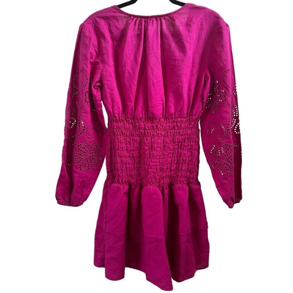 INC Linen Blend V-Neck Smocked Ruffle Tiered Mini Dress in Magenta Size M - Picture 3 of 7